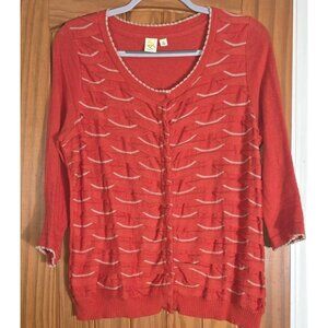 Anthropologie Scallop Button Front Women's Red 3/4 Sleeve Cardigan Large.  HL222